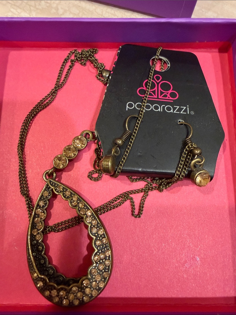 paparazzi Antique Bronze Teardrop Crystal Necklace Set